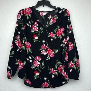 Old Navy Black Pink Floral Blouse Women’s Large Flowy Long Sleeve